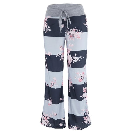 WUAI-Women Comfy Casual Pajama Pants High Waist Stretch Floral Print Drawstring Palazzo Lounge Pants Wide Leg